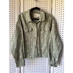 NWT Cali 1850 Button Denim Jean Jacket Light Green Daisy Floral Print Women's LG